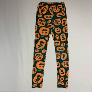 🆕 LulaRoe Halloween Jack O Lantern Pumpkin Leggings Girl’s Large Green Orange